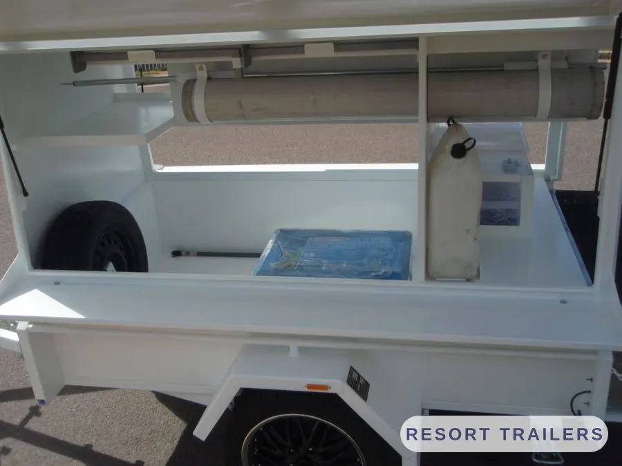 White catering trailer with the serving hatch up — built by Resort Trailers