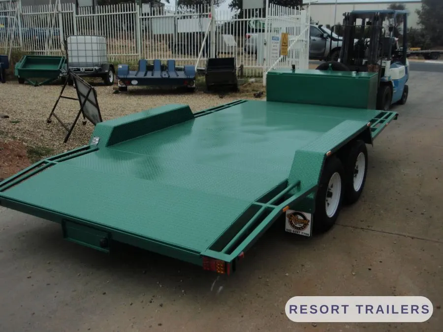 Car float deck and drawbar, three-quarter view — built by Resort Trailers