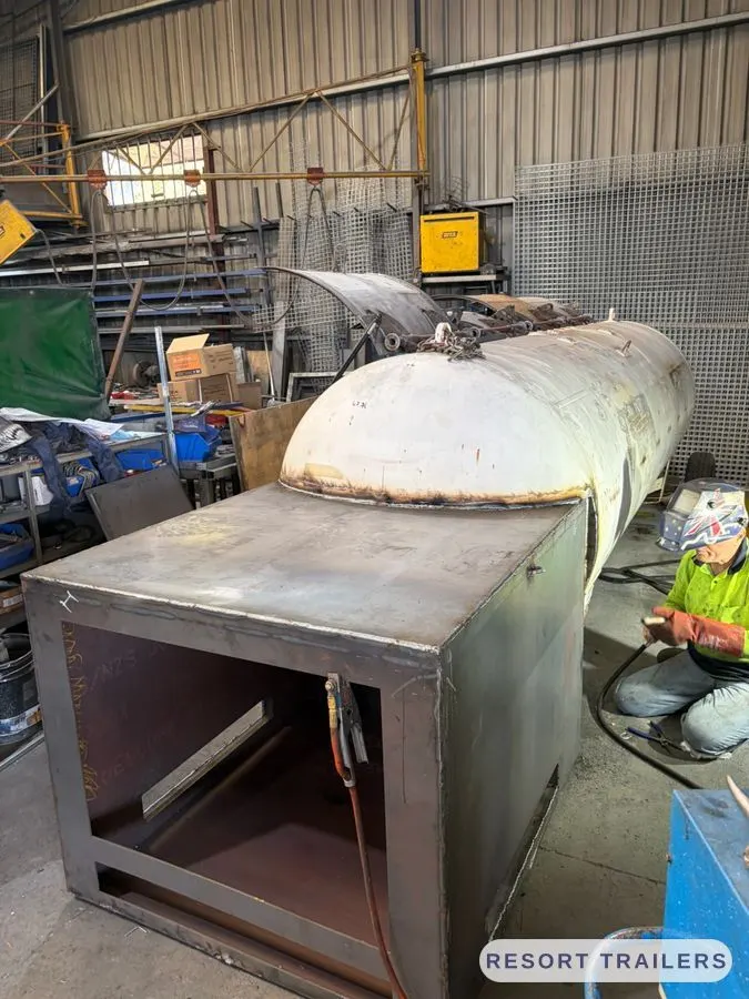 The offset firebox on its fabricated stand