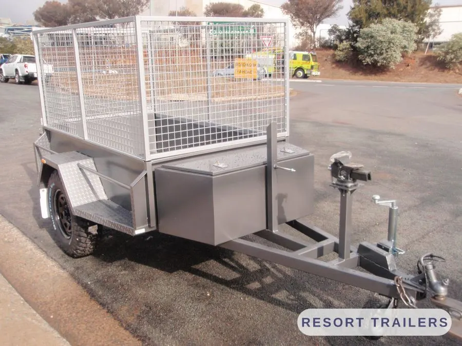 Galvanised cage trailer with toolbox on the drawbar — built by Resort Trailers