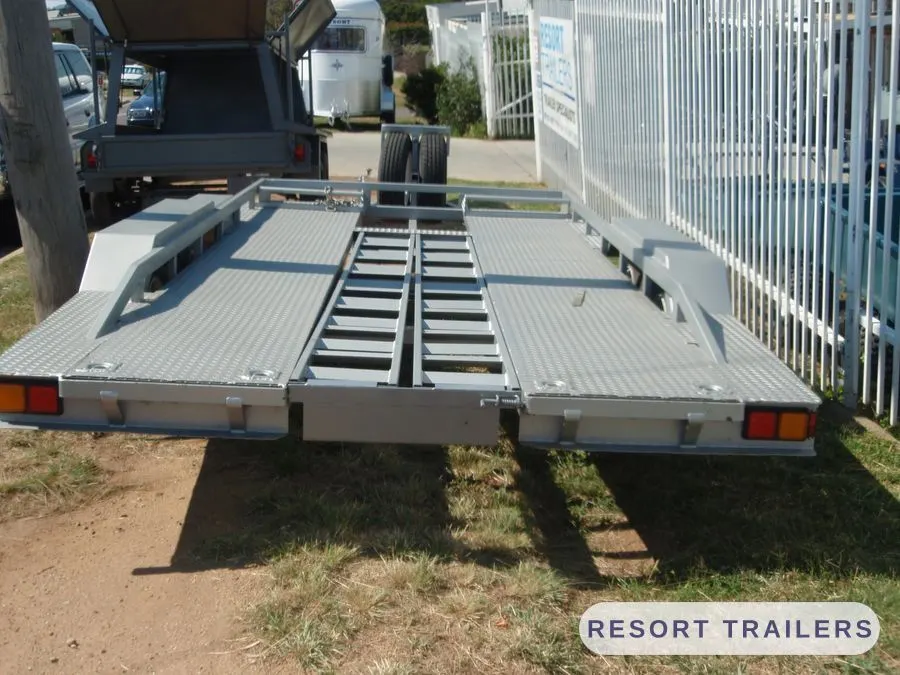Galvanised car float with drive-on deck — built by Resort Trailers