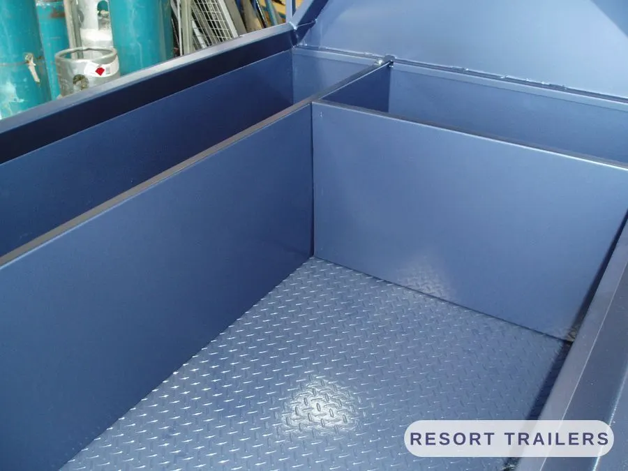 Galvanised trailer body with the tailgate down — built by Resort Trailers