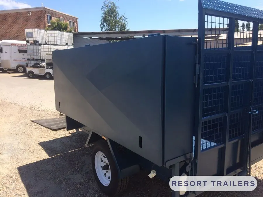 Mowing trailer with mesh loading gate at the rear — built by Resort Trailers