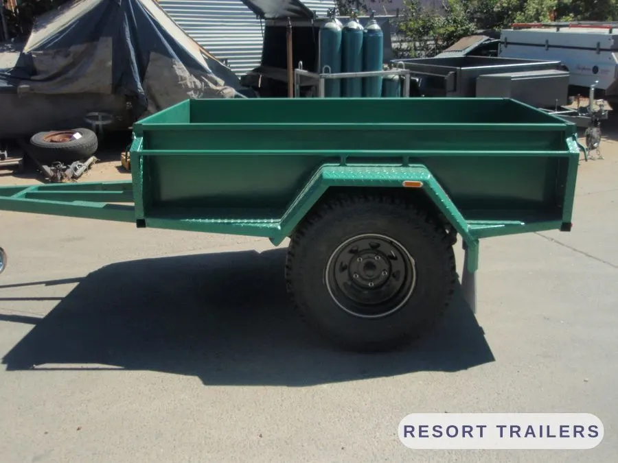 Green off-road box trailer with high sides — built by Resort Trailers