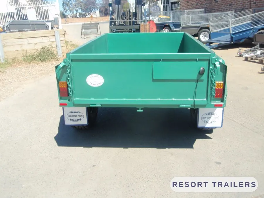 Green off-road trailer showing the high-sided tub — built by Resort Trailers