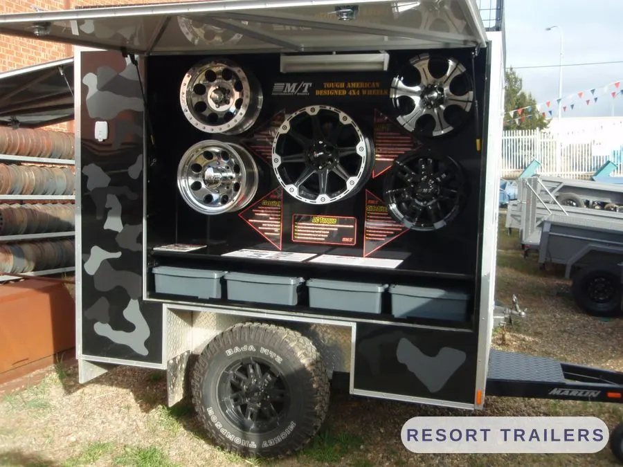 Display trailer fitted out with wheel racks and storage drawers — built by Resort Trailers