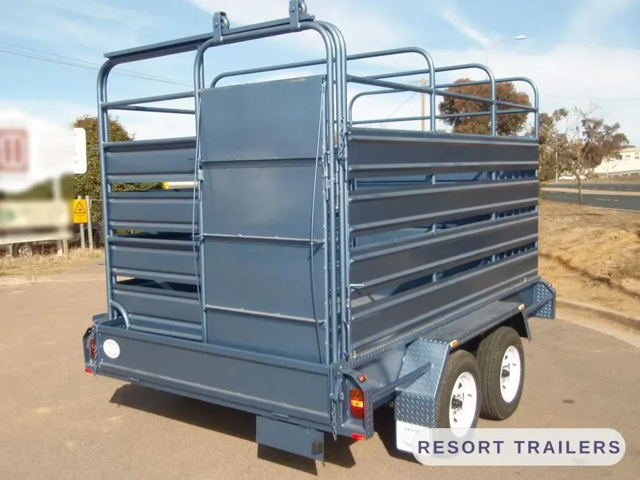 Stock crate rear three-quarter with the gate closed — built by Resort Trailers